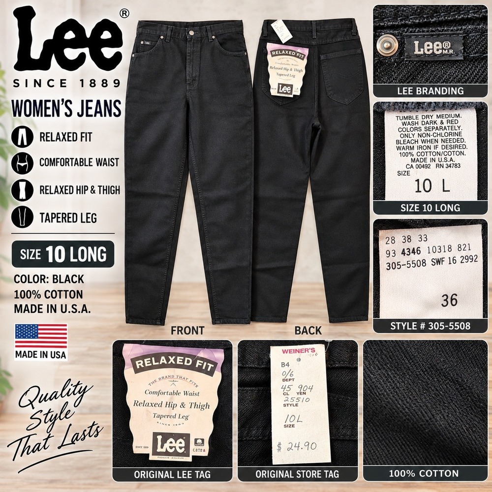 Lee Vintage Womens Black Relaxed Fit Tapered Leg Jeans 10 Long 305-5508 USA Made